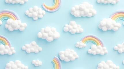 Fluffy Clouds and Pastel Rainbows Seamless Pattern
