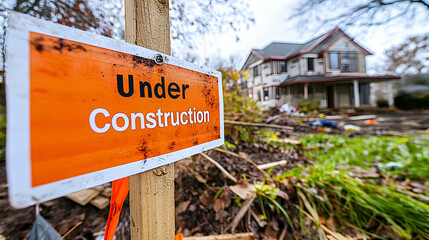 Under construction sign in front of new house, orange and white design, natural lighting shot
