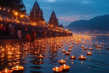 A panoramic view of the Ganges River in Varanasi, India, with thousands of oil lamps floating on its surface during the Diwali festival night.