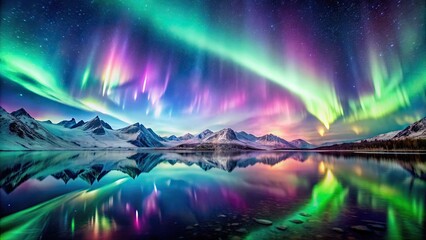 Magical Aurora Borealis Display Over Serene Mountain Lake