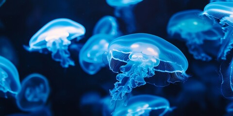 Obraz premium Mesmerizing jellyfish illuminated by blue fluorescent lights create a stunning visual display, showcasing the beauty and elegance of jellyfish in a captivating underwater scene.
