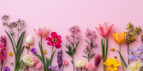 Creative arrangement featuring various spring flowers set against a soft pastel background. This minimal nature concept beautifully highlights the charm of spring flowers in a serene display.