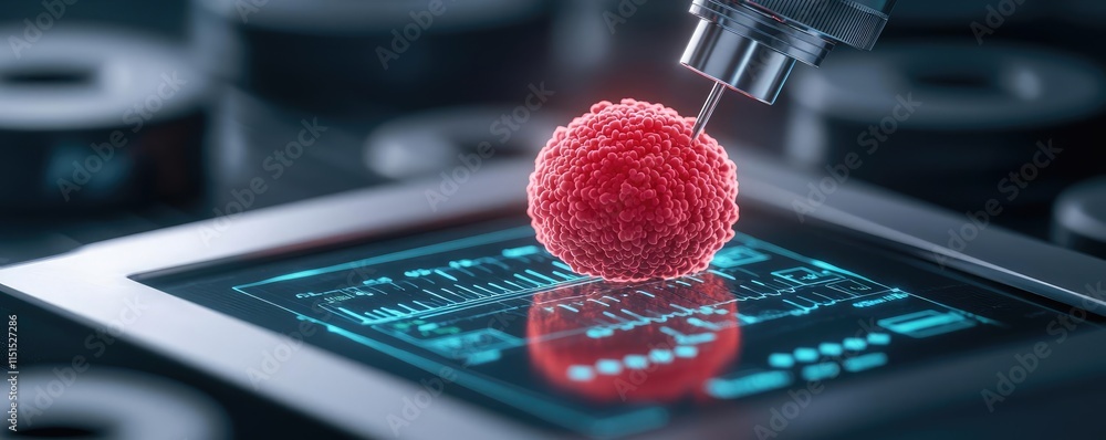 Poster hiv aids disease idea. a close-up of a digital microscope analyzing a cell under a high-tech interfa