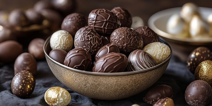 Bowl overflowing with eastern chocolate eggs, showcasing an enticing assortment of delicious eastern chocolate eggs that delight the senses and enhance festive celebrations.