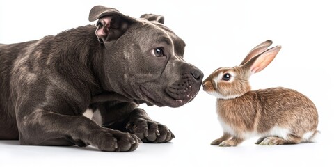 Obraz premium Staffordshire Bull Terrier and rabbit interaction on a clean white background, showcasing the Staffordshire Bull Terrier s friendly demeanor alongside the rabbit s charm and playfulness.