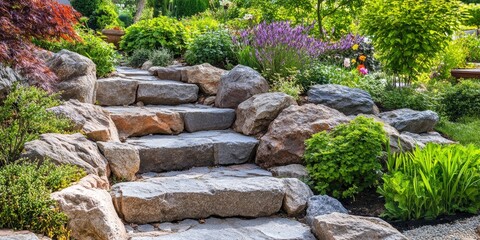 Stunning garden features big rock and stone stairs, complemented by beautiful plants that enhance the serene atmosphere. Explore how big rock and stone stairs create a captivating outdoor space.