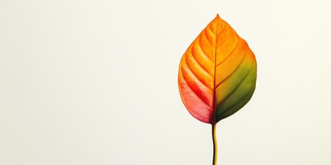 Obraz premium A solitary tropical leaf stands out against a white backdrop, highlighting its vibrant colors and unique shape, showcasing natures beauty in isolation.