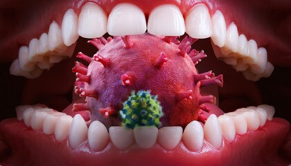 Virus monster Inside mouth and teeth - Microbiology And Virology Concept - 3d monster character