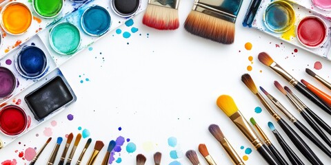 Fototapeta premium Watercolors and brushes for painting elegantly arranged on a white background, showcasing vibrant colors and artistic tools perfect for any painting project with watercolors.