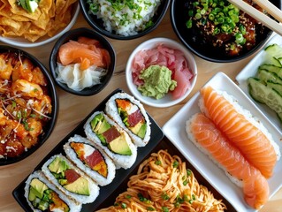 Colorful Sushi and Asian Dishes on Wooden Table