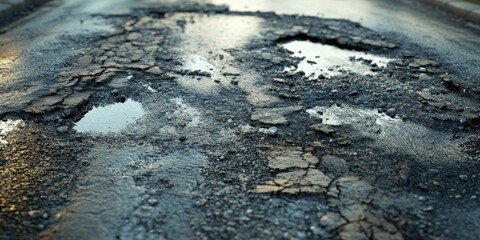 Potholes and irregular road conditions can lead to accidents. This image showcases potholes and messy road conditions, featuring a backdrop of asphalt and cement for impactful wallpaper use.