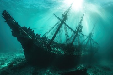 Obraz premium A sunken shipwreck with its masts and sails sticking out of the ocean floor