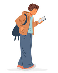 Teenager school boy with backpack walking playing smartphone flat vector illustration isolated on white.
