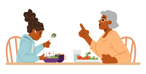 African American grandmother arguing with her granddaughter teenager who is using smartphone during dinner flat vector illustration isolated on white. Gadget addiction problem.