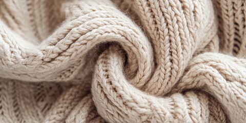 Fototapeta premium Beige pattern background texture featuring knitted fabric made of cotton or wool. This image captures a close up view of the beige knitted fabric, showcasing its intricate textures and patterns.