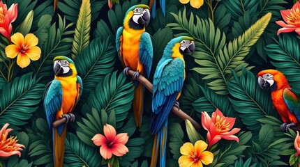 Fototapeta premium Tropical Parrot and Exotic Flower Seamless Pattern