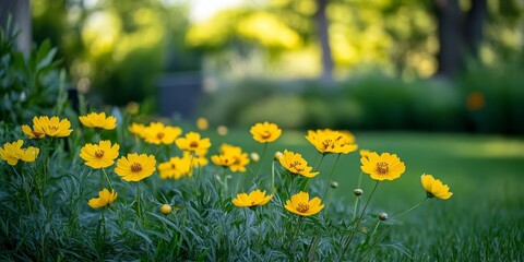 Obraz premium Vibrant yellow cosmos flowers bloom beautifully in the garden, creating a stunning display amidst the lush green grass and trees in the background, highlighting the charm of yellow cosmos flowers.