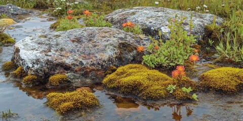 Tundra swamp soil landscape showcases summer growth in cold regions. The melting glaciers reveal a unique tundra ecosystem, with flora like colorful moss and small flowers adorning the wet permafrost