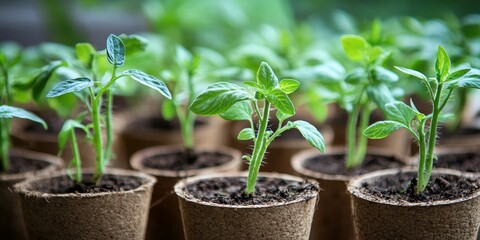 Planting young tomato seedlings in peat pots showcases the essence of homegrown food. This sustainable household practice of planting seedlings promotes a self sufficient garden and fresh vegetables.