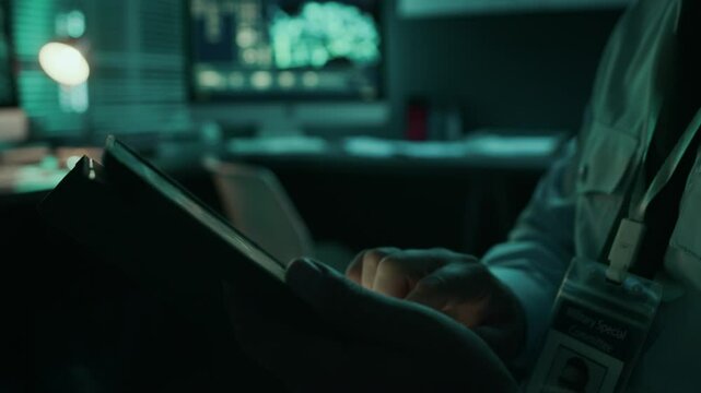 Tilting side closeup of mature Caucasian serviceman in uniform with shoulder patches operating digital satellite reconnaissance system on tablet, during night duty at command center