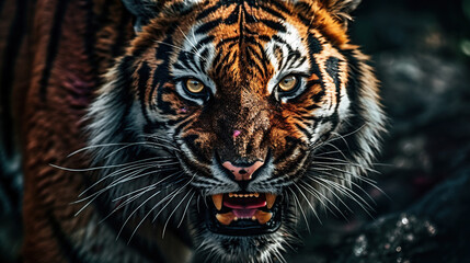 Obraz premium Intense Close-Up of a Majestic Tiger Displaying Its Powerful Presence with Striking Eyes, Prominent Stripes, and an Engaging Expression in the Wild