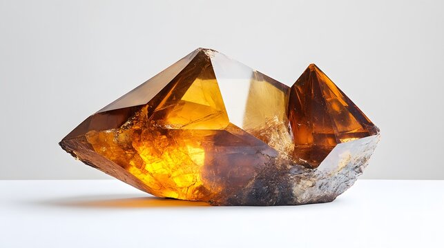 A large, well-formed sphalerite crystal, displaying rich brown and golden hues, set on a white surface