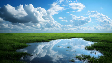 Obraz premium Stunning Reflection of Clouds in a Lush Green Field