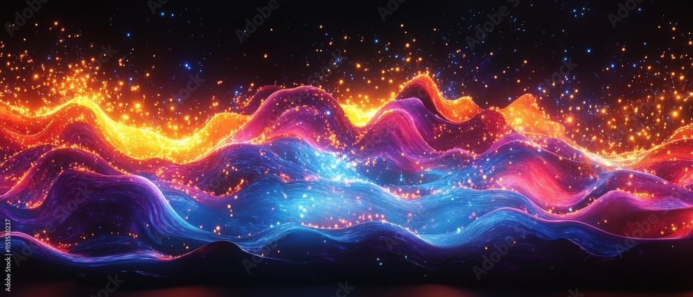 Poster abstract waves of color with sparkling particles