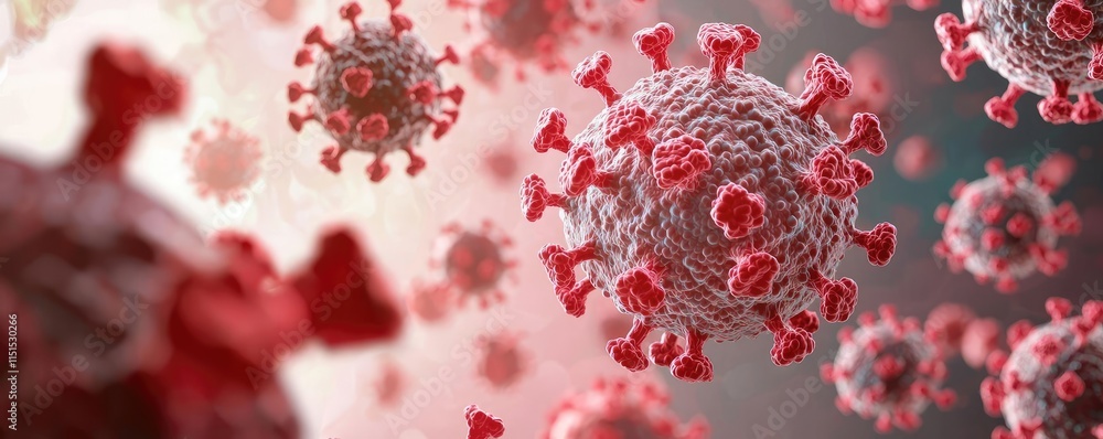 Poster hepatitis b and c disease idea. close-up image of coronavirus cells with red spikes under a microsco