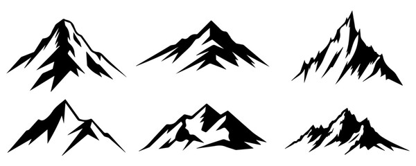 A set of black simple mountain silhouettes in a white background.