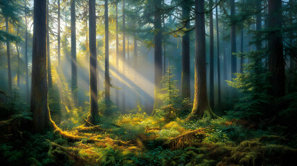 Fototapeta premium Sunbeams in a Misty Forest: A Serene Landscape