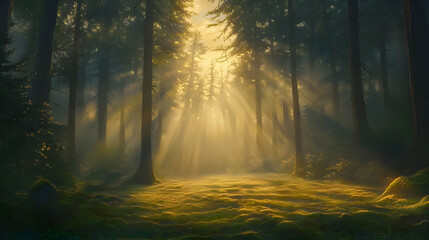 Obraz premium Sunbeams in a Misty Forest: A Magical Landscape