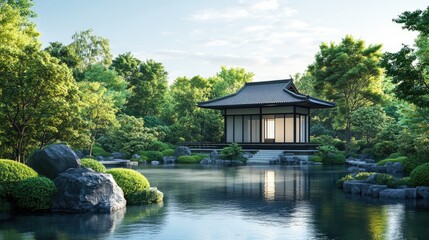 Fototapeta premium Serene Japanese Garden at Dawn: Traditional Tea House by the Pond