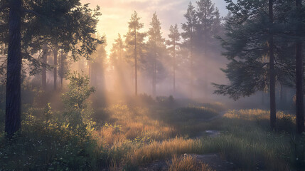 Obraz premium Misty Forest Sunrise: Sunbeams Through the Trees