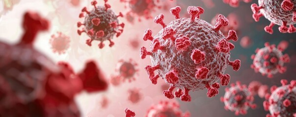 Hepatitis B and C disease idea. Close-up image of coronavirus cells with red spikes under a microscope.