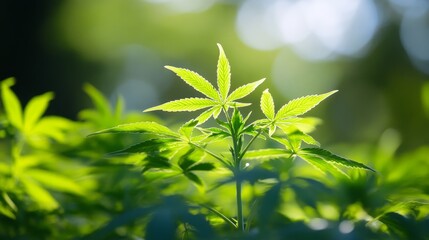 Obraz premium Cannabis Sativa leaves in a lush plantation field showcase their vibrant green color, emphasizing the beauty of Cannabis Sativa in agricultural settings with selective focus on the foliage.
