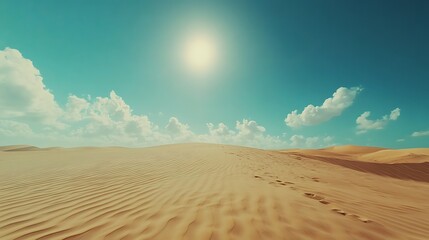 Naklejka premium Sunny desert landscape with footprints in sand dunes under a bright blue sky.