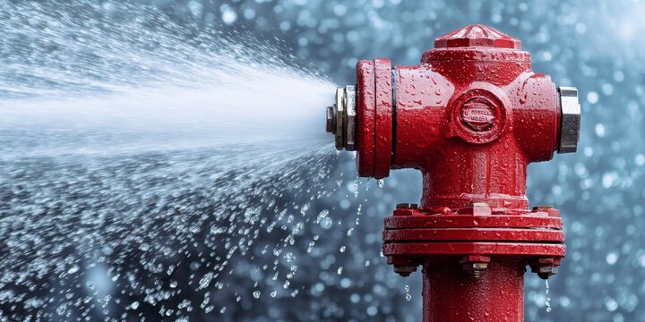 Fire hydrant in operation with fire hose engaged for firefighting efforts. The fire hydrant supplies water as a firefighter activates it, directing water to combat the active fire.