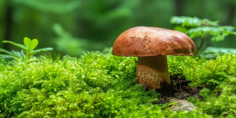 Fungus, specifically boletus, thrives beautifully in lush green moss, showcasing the natural relationship between fungus and its vibrant surroundings in a rich ecosystem.