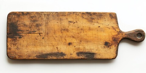 Fototapeta premium Worn chopping board with handle, showcasing its aged surface and rustic charm against a clean white background, ideal for emphasizing the beauty of an old chopping board.