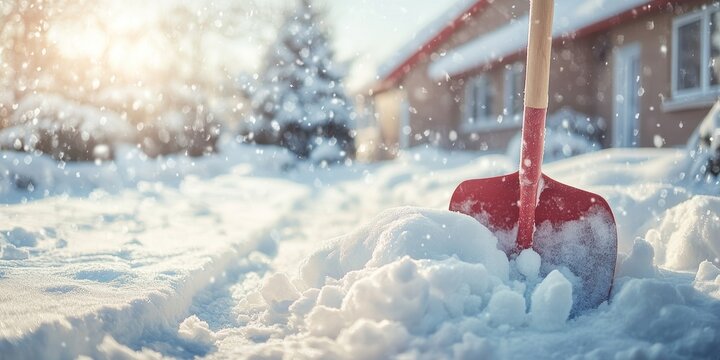 Snow removal using a shovel takes place near a house, showcasing a light winter background. This scene of snow removal captures the essence of winter maintenance and outdoor activities.