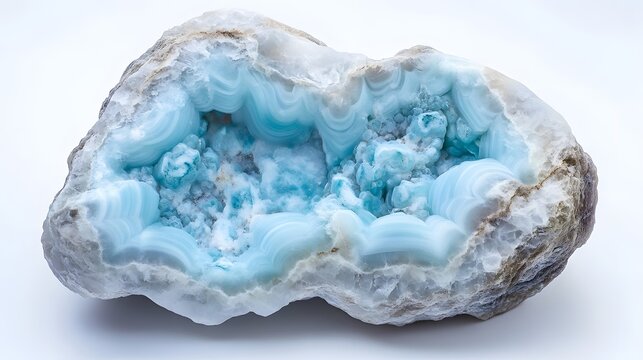 A large, impressive specimen of larimar, with its calming blue and white swirls, placed on a white background