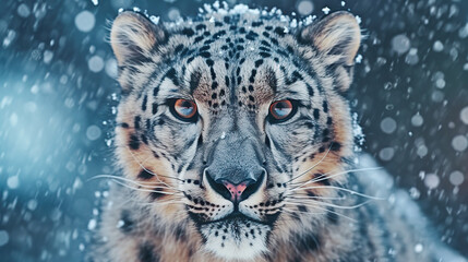 Fototapeta premium Majestic Snow Leopard Facing Camera in Snowy Landscape, Showcasing Stunning Features and Intense Gaze Amidst Falling Snowflakes, Evoking a Sense of Wild Beauty and Nature's Elegance