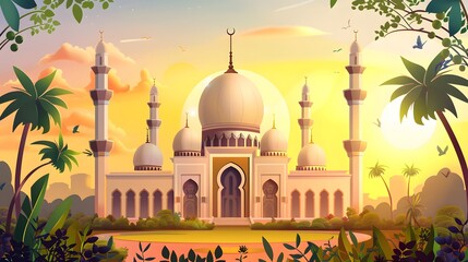 luxurious and magnificent mosque building, with a large and beautiful garden, with a beautiful view of the sunset in the afternoon