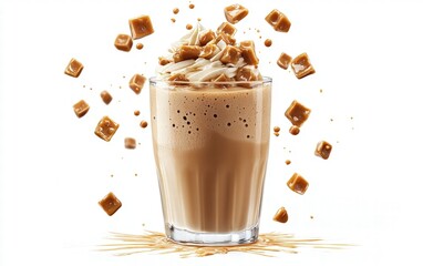 A rich caramel milkshake glass floating mid-air with caramel chunks, isolated on white