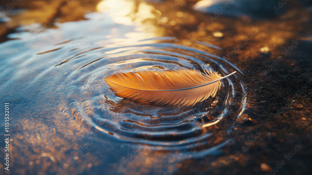 Poster feather floating on water with ripples from gentle disturbance in a serene natural setting