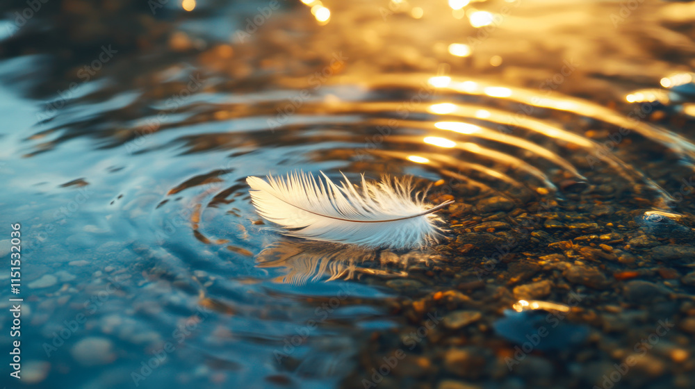 Poster feather floating on water with ripples from gentle disturbance in a serene natural setting