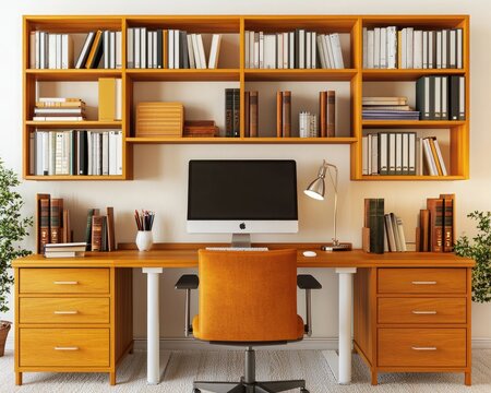 A cozy home office featuring a wooden desk, computer, and shelves filled with books, creating an inviting workspace.