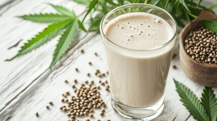 Hemp seed milk is poured into a glass, showcasing its creamy texture. The scene includes nearby cannabis leaves and marijuana seeds placed on the rustic, weathered white wooden surface.