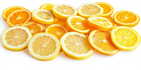 Mixed slices of lemon and orange arranged together. This vibrant display of lemon and orange slices on a white background showcases their bright colors and fresh appeal with a clean clipping path.